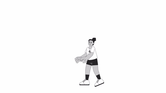 Black girl volleyball blocker bw 2D character animation. Volley player passing ball outline cartoon 4K video, alpha channel. African american woman spiking animated person isolated on white background