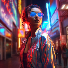 Obraz premium cyberpunk woman in a silver bomber jacket and crazy sunglasses in an alley with colorful neon lights