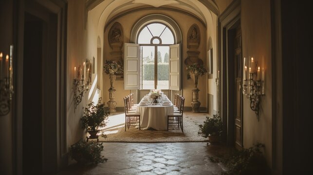 Classical-style luxurious mansion interior, wedding ceremony decor 
