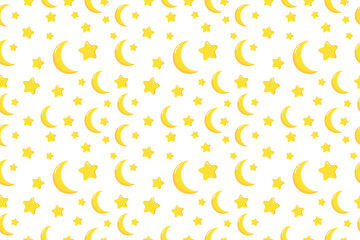 Seamless pattern of cute kawaii moon and stars on white background. Vector illustration of weather elements for kids. Design for nursery, for sleep, for fabrics