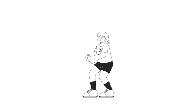 Volleyball libero playing defense bw 2D character animation. Volleyball player position outline cartoon 4K video, alpha channel. European woman hand grip animated person isolated on white background