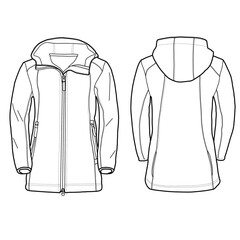 Windbreaker hooded jacket, windproof hooded jacket for girls. Outerwear jackets technical fashion illustration. Flat coat template front and back view. © Arfa Yudha