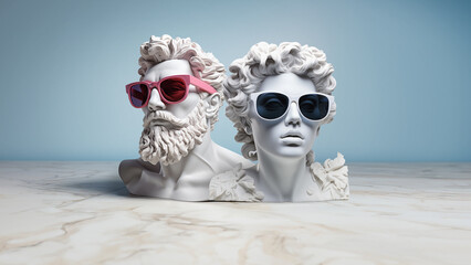 An antique bust sculpture woman and man in modern sunglasses. Minimal concept art.