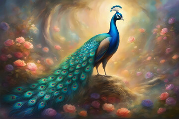 Fantasy art of a blue peacock with feathers