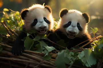 Foto op Plexiglas Panda Research Centers: Cute pandas playing and eating bamboo in a conservation center. Generated with AI © Chanwit