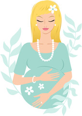 Young pretty blonde pregnant woman with botanical details