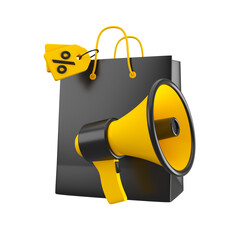 Black shopping bag with yellow tag percentage and megaphone. Black Friday and sale event concept. 3d rendering.