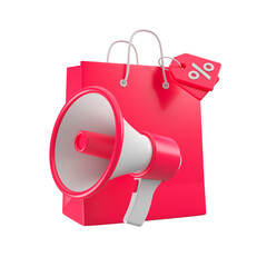 Red shopping bag with tag and percentage and megaphone. Christmas and New Year's Day event concept. 3d rendering.