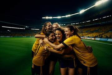 Female Soccer players in a crowded soccer stadium celebrtating a goal