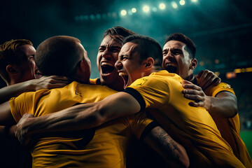 male Soccer players in a crowded soccer stadium celebrating a goal - obrazy, fototapety, plakaty