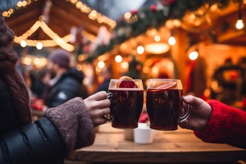 Two young cheerful people holding cups and drinking mulled wine at the christmas market on a winter vacation