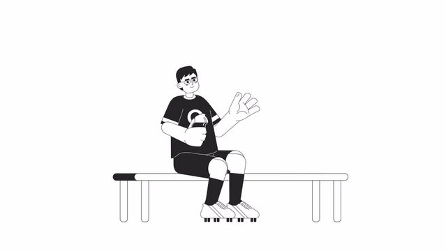Asian soccer player drinking from water bottle bw 2D character animation. Break outline cartoon 4K video, alpha channel. Korean sportsman sitting on bench animated person isolated on white background
