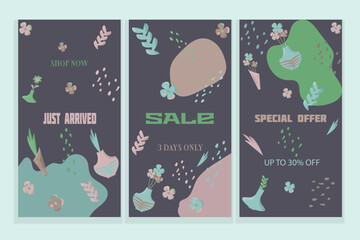 Set of three sale banners (special offer). Three designs with flowers and vases in pastel colors. Vector illustration