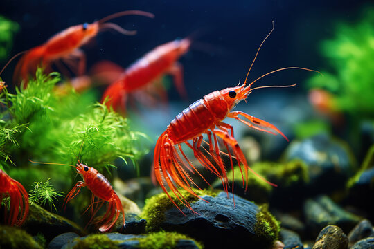 red shrimps in freshwater aquarium - pets hobby animal