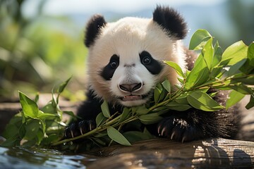 Panda Research Centers: Cute pandas playing and eating bamboo in a conservation center. Generated with AI