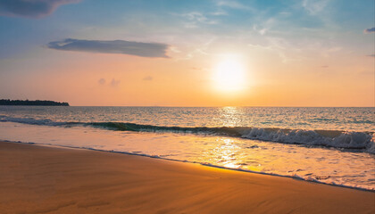 Obraz premium Closeup sea sand beach. Panoramic beach landscape. Inspire tropical beach seascape horizon. Orange and golden sunset sky calmness tranquil relaxing sunlight summer mood