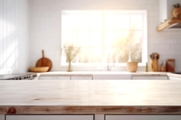 Wooden texture table top on blurred white rustic kitchen interior background. Epmty template for product display. Generative Ai