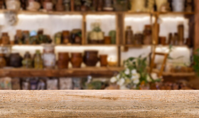 Wooden Table with Abstract Blurred Pharmacy View. Ideal for product presentations or mockups.