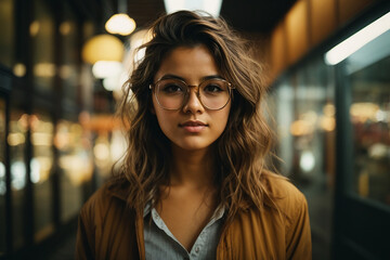 Chica con gafas en galería comercial