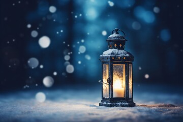 Christmas lantern in the snow, empty copy space Generative AI