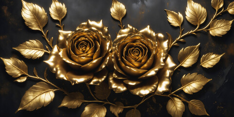 ornamental golden roses on black background - obrazy, fototapety, plakaty