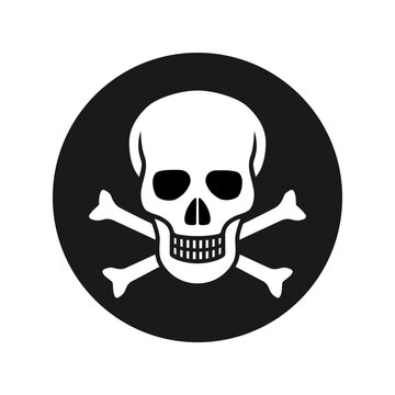 Skull and bones graphic icon. Cranium and crossbones sign in the circle isolated on white background. Mortal danger symbol. Vector illustration 