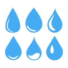 Vector flat icon. Blue water drop drawing or drop drop icon. A collection of six figures. Suitable for logos, badges, textile design and more.