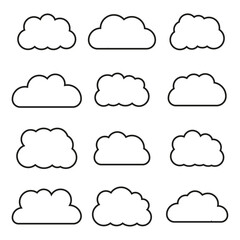 Vector flat illustration. Clouds in a black outline isolated on a white background. Ideal for textile design, stickers and more.