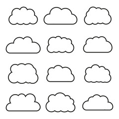 Vector flat illustration. Clouds in a black outline isolated on a white background. Ideal for textile design, stickers and more.