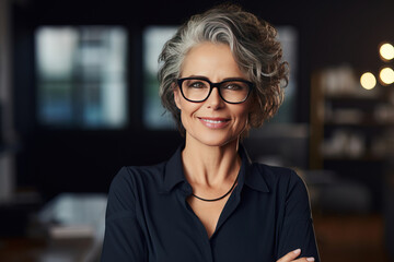Portrait of confident and happy mature businesswoman wearing glasses and looking at camera in creative office
