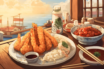 Tempura Japanese food anime style illustration Made with Generative AI