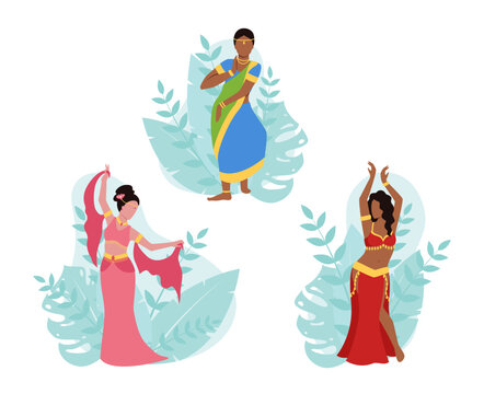 Set of vector women dancing national dances