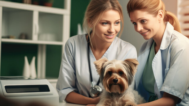 During an appointment at a veterinary clinic, a Yorkshire terrier and its owners talk to a doctor