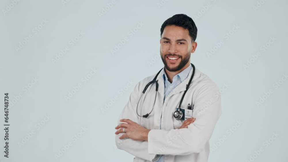 Poster Medical doctor, portrait and a man in studio with confidence, pride and banner space. Happy indian male healthcare worker on grey background with arms crossed, medicine or friendly specialist service