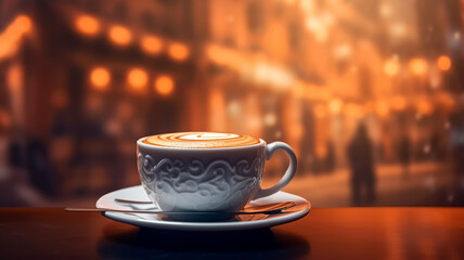 love for Viennese coffee, the shape of a heart in a cup of hot drink in a restaurant on a blurry background