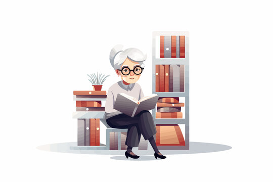 old woman in bookstore vector flat minimalistic isolated illustration