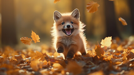 cartoon plush cute fox runs in leaf fall on autumn leaves a view of wild nature joy of change, dynamic scene of flying leaves