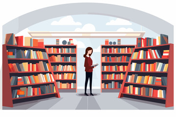 woman in business suit in bookstore vector flat isolated illustration