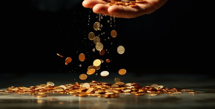 Losing money concept photo, coins falling through fingers