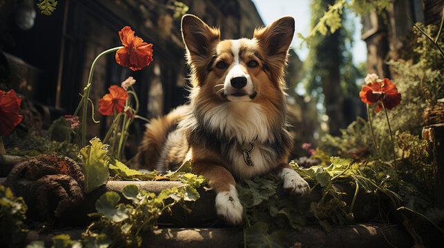 dog and flowers UHD wallpaper Stock Photographic Image 