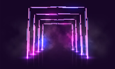 Scene for presentation with neon lighting and smoke. Vector illustration.