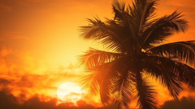 stunning and tropical image with a golden background adorned by a vibrant palm tree. essence of paradise and relaxation. image for travel and leisure industries