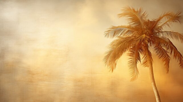 stunning and tropical image with a golden background adorned by a vibrant palm tree. essence of paradise and relaxation. image for travel and leisure industries