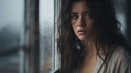 Fototapeta premium closeup of a young woman, her face a canvas of suffering, near a window at home.