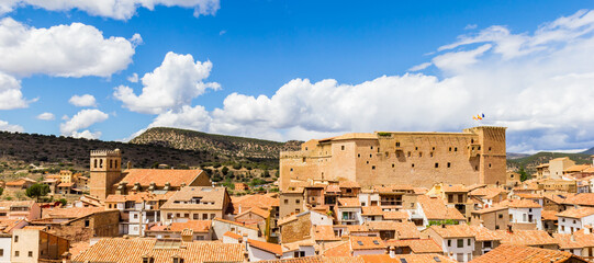 Panorama of the historic castle and church in Mora de Rubielos, Spain - obrazy, fototapety, plakaty