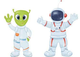 Space characters: Friendly alien and Cute astronaut. Creatures in spacesuit and helmet. Space travel, science fiction. Bright colors, illustration for children. Watercolor isolated objects