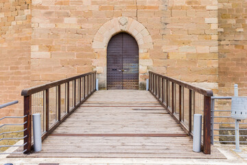 Wooden bridge of the historic castle in Mora de Rubielos, Spain