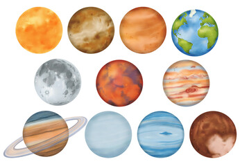 Set. The solar system. Mercury, Venus, Earth with its satellite, the Moon, Mars, Jupiter, Saturn, Uranus, Neptune, and the dwarf planet Pluto. For astronomy lessons. Watercolor isolated illustration © Mari Ka