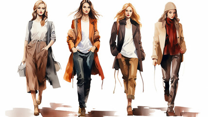 Fototapeta premium autumn fashion clothes, a group of models of girls, in october look, watercolor on a white background drawing, models in a row