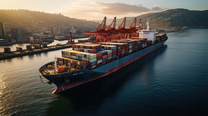 Loading and unloading of container ships at sea port, Sunset view